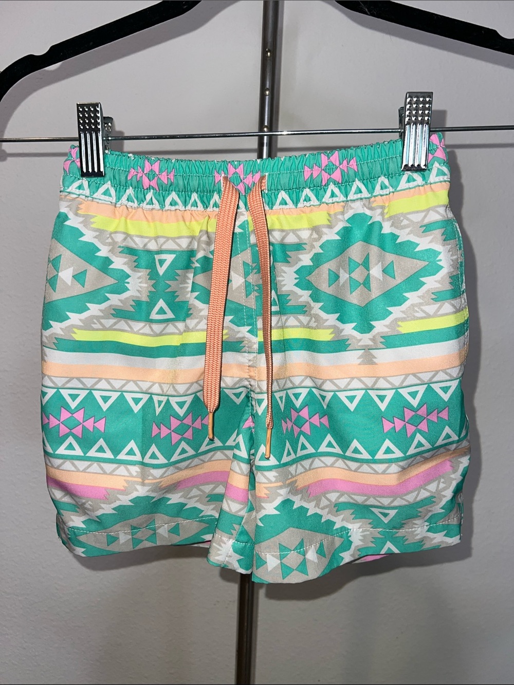chubbies Teal Aztec Print Kids Swim Trunks with Pink and Peach Accents